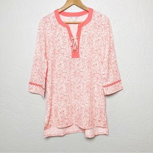 Southern Tide Hailey Printed Lace Up Conch Shell Tunic Top White/Pink